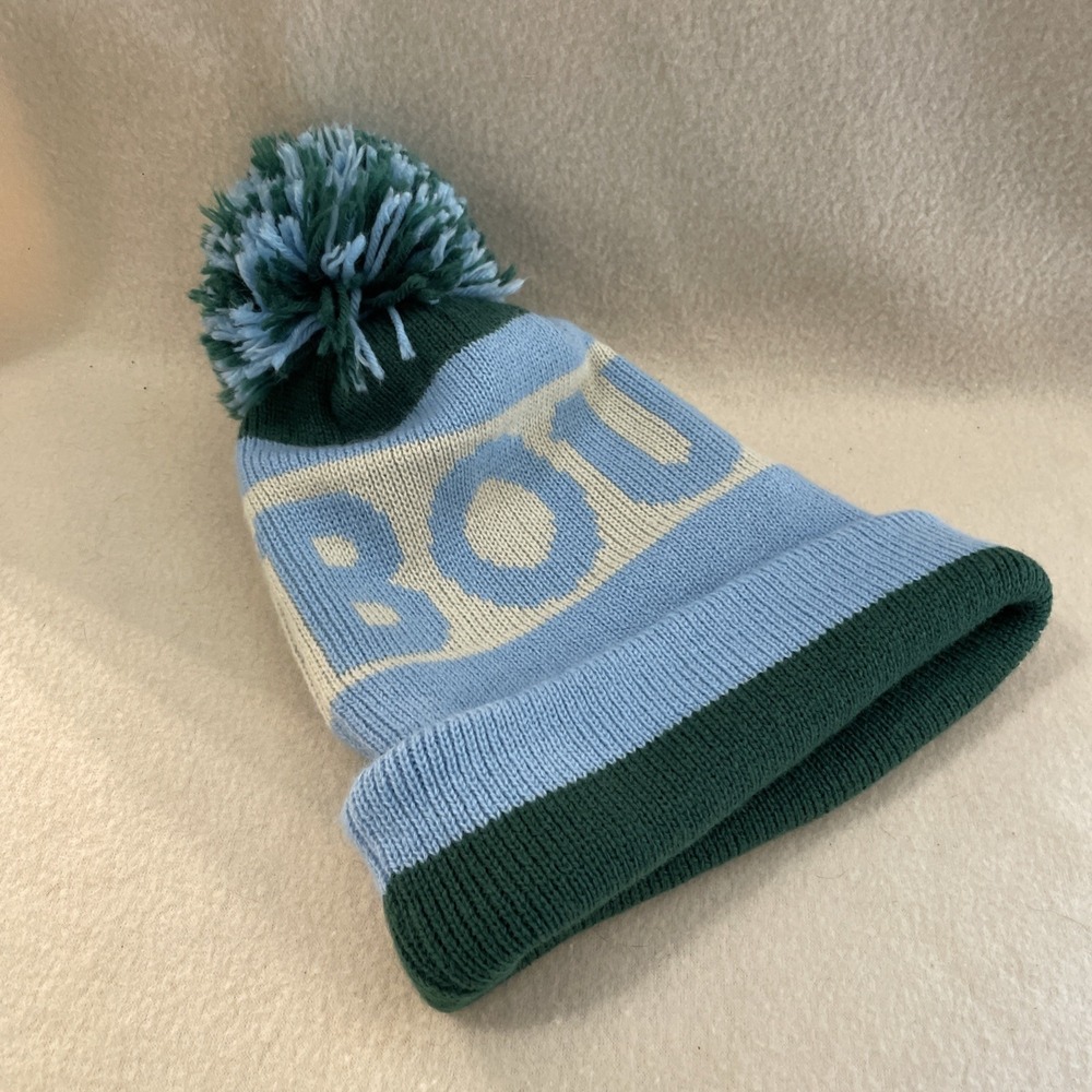 Target 2009 Vintage Look Boulder Pom Pom beanie Ski Sock hat  blue & Green Ivory